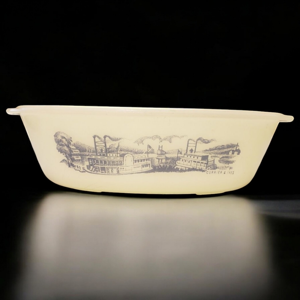 Vtg Glasbake J-235 Casserole Baking Dish Currier & Ives River 1 Qt